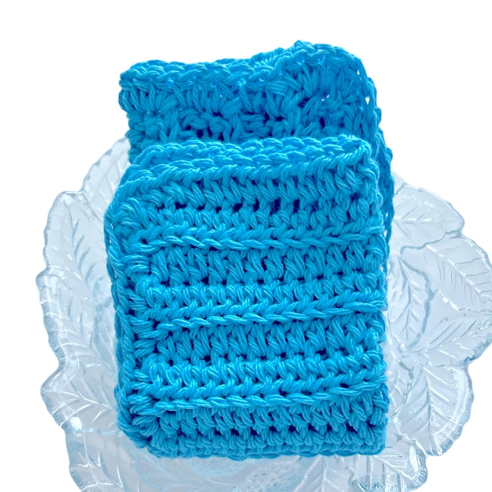 HAND CRAFTED Crochet Colorful Blue 100% Cotton All Purpose Dish or Wash Cloths